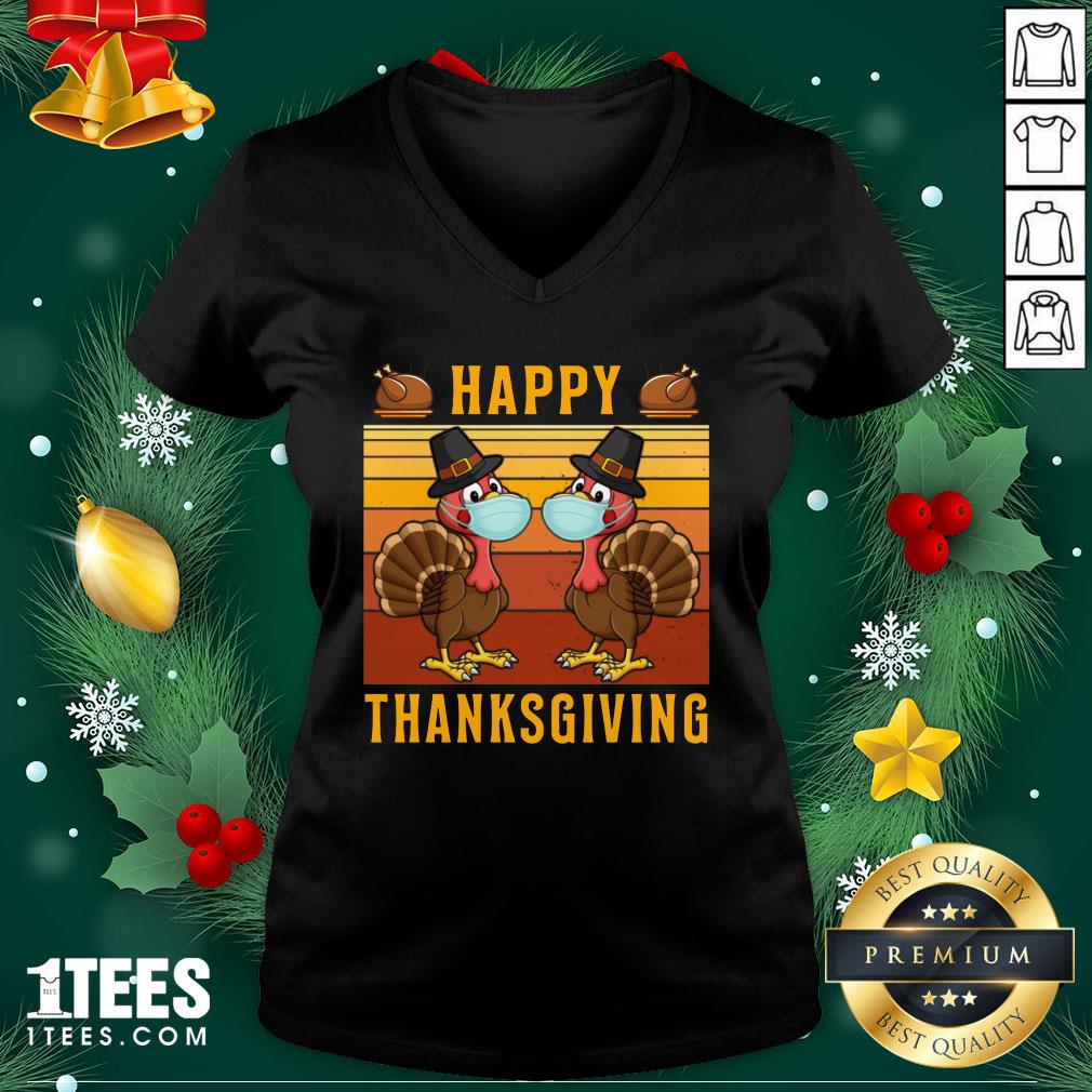 Perfect Thanksgiving 2020 Turkey With Mask Retro Vintage V-neck - Design By 1tee.com