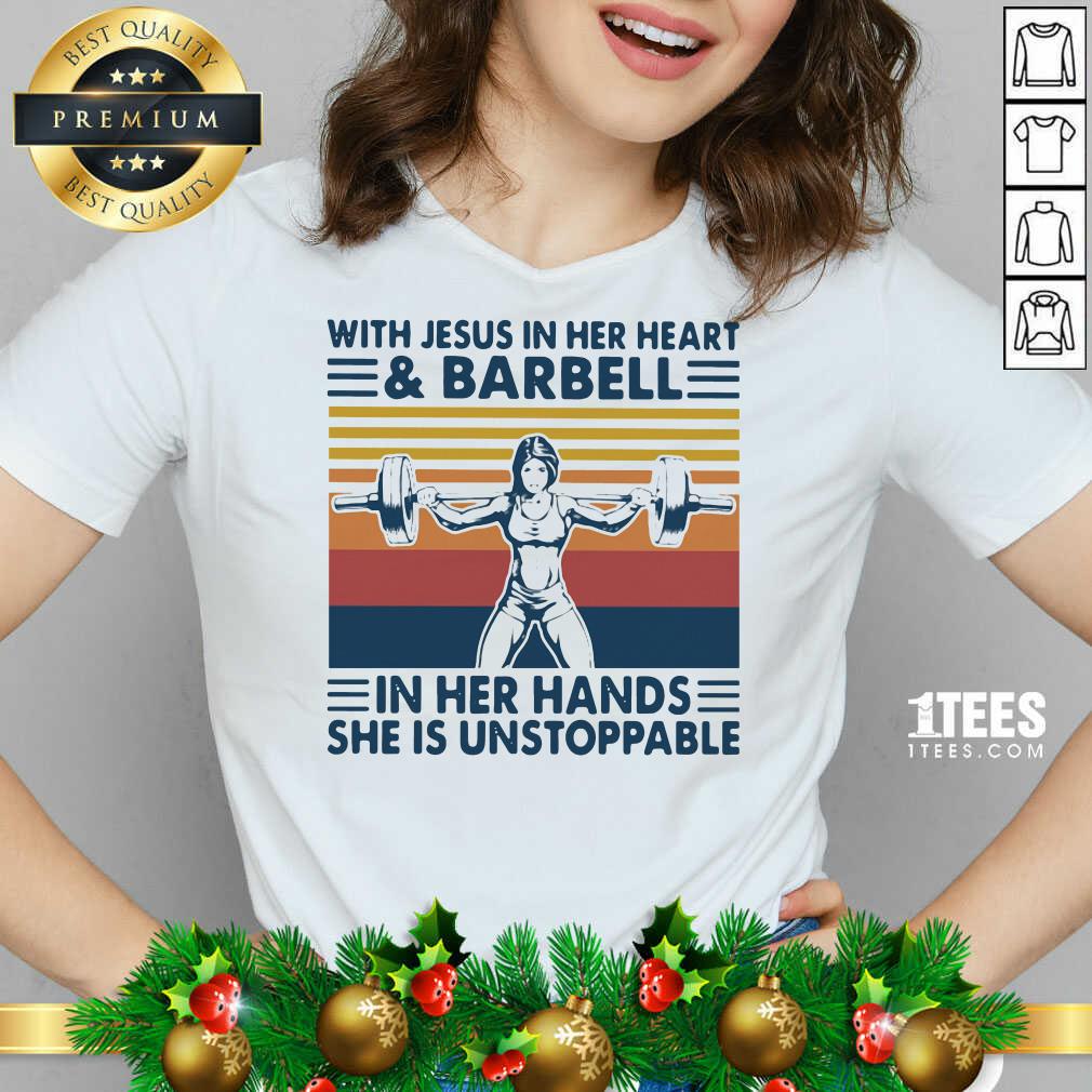 With Jesus In Her Heart And Barbell In Her Hands She Is Unstoppable Vintage V-neck- Design By 1Tees.com