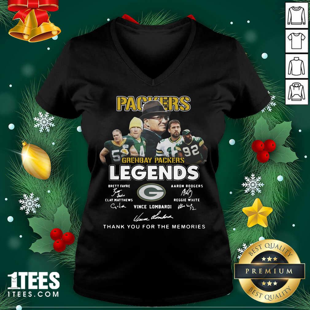 Green Bay Packers Legends Brett Favre Aaron Rodgers Clay Matthews Reggie White Vince Lombardi Signatures V-neck- Design By 1Tees.com