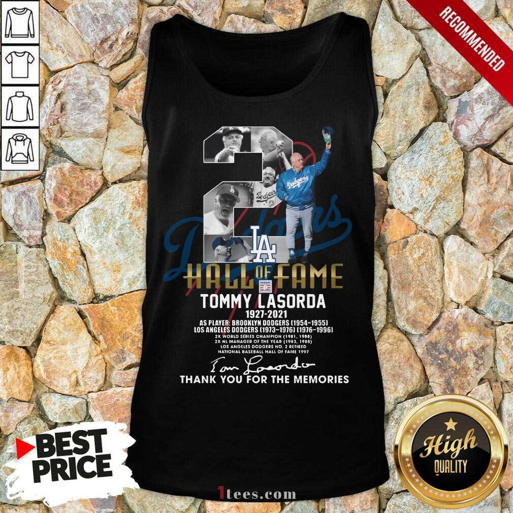  2 Hall Of Fame Tommy Lasorda 1927 2021 Thank You For The Memories Signature Tank Top-Design By 1Tees.com