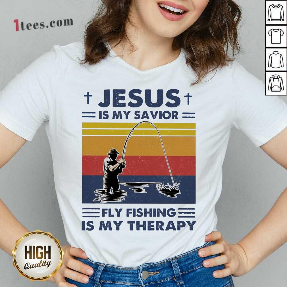 Jesus Is My Savior Fly Fishing Is My Therapy Vintage V-neck- Design By 1Tees.com