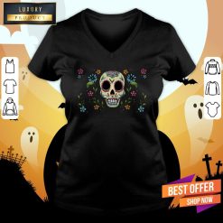 Colorful Dia De Muertos Sugar Skull Flower V-neck
