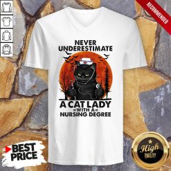 Never Underestimate A Cat Lady With A Nursing Degree Sunset HalloweenNever Underestimate A Cat Lady With A Nursing Degree Sunset Halloween V-neck