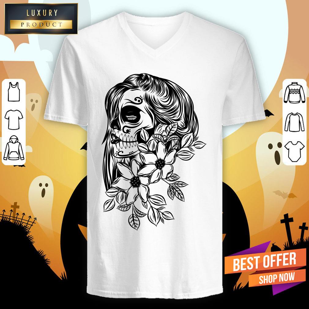 Pretty Day Dead With Flower Face V-neck