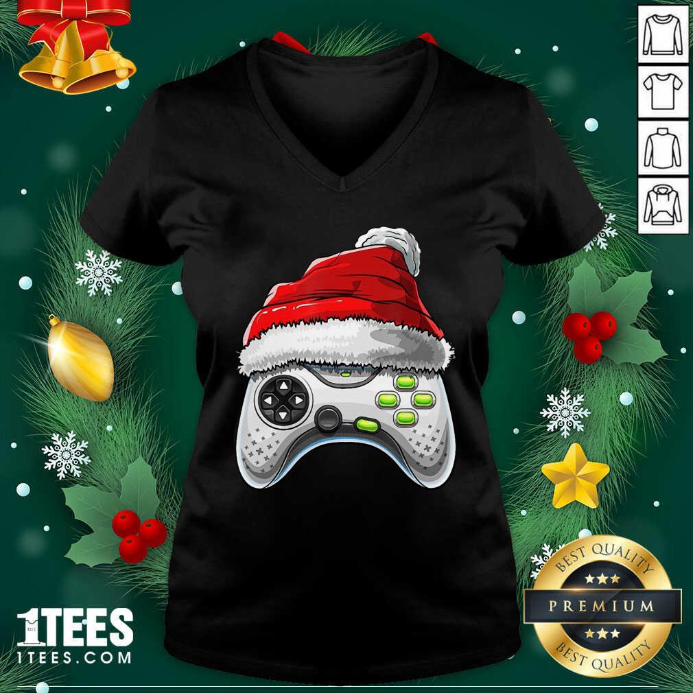 Video Game Controller Santa Hat Christmas V-neck- Design By 1Tees.com