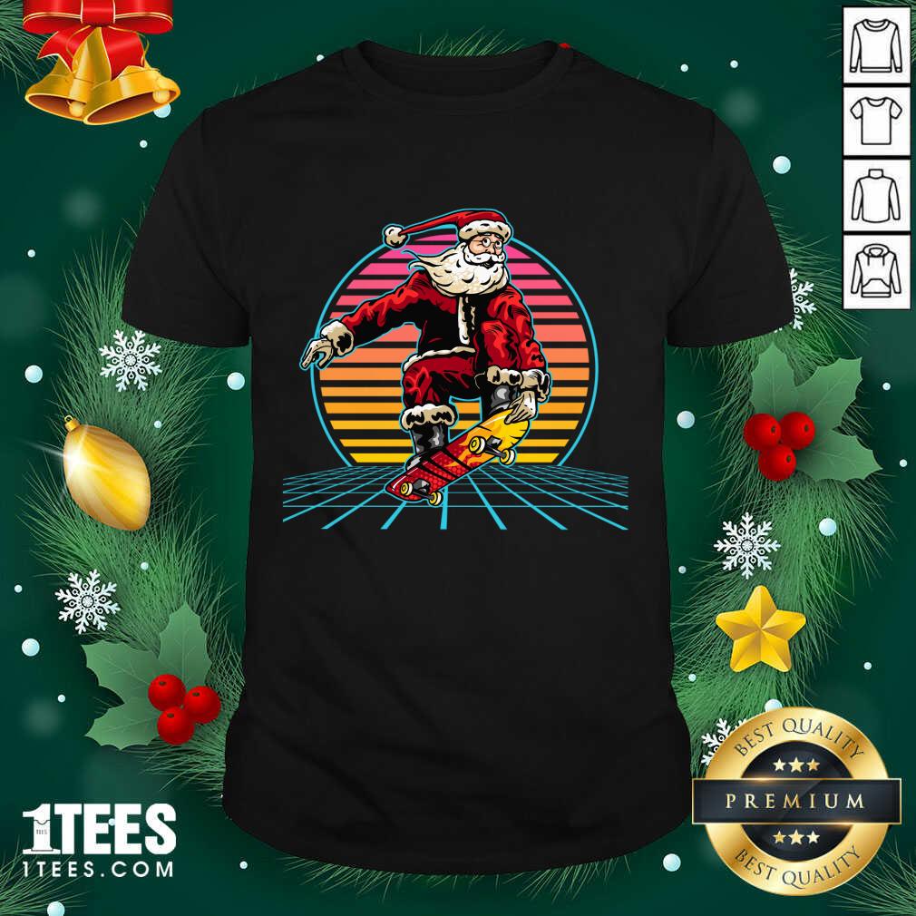 Retro Sunset 80s Christmas Skateboarding Santa Funny Christmas Shirt- Design By 1tees.com
