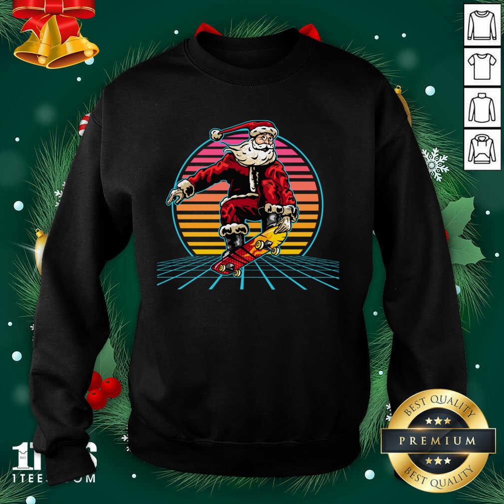 Retro Sunset 80s Christmas Skateboarding Santa Funny Christmas Sweatshirt- Design By 1tees.com