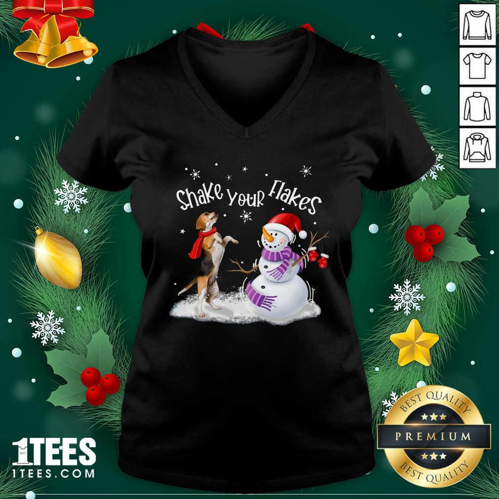 Beagle And Snowman Shake Your Flakes Merry Christmas V-neck- Design By 1Tees.com