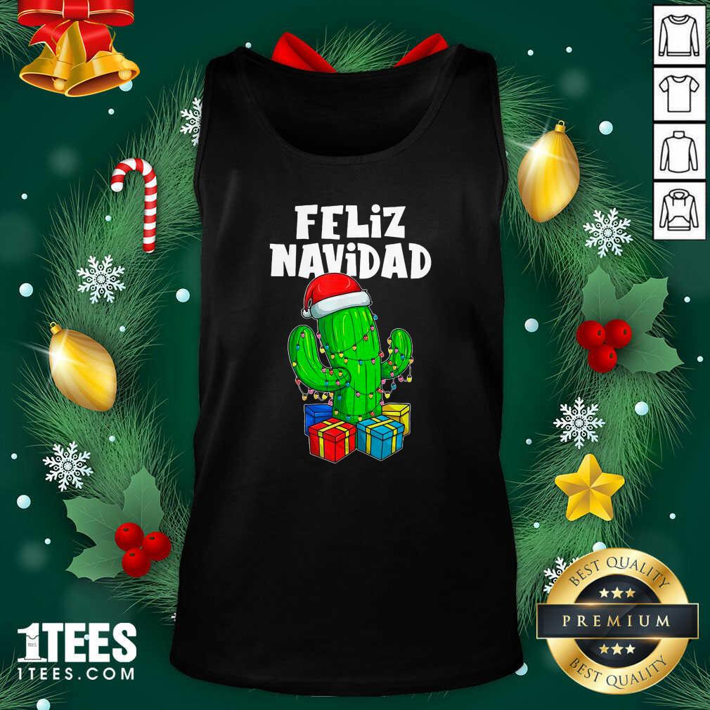 Funny Feliz Navidad Cactus Tree & Lights Spanish Pajama Christmas Tank Top- Design By 1Tees.com
