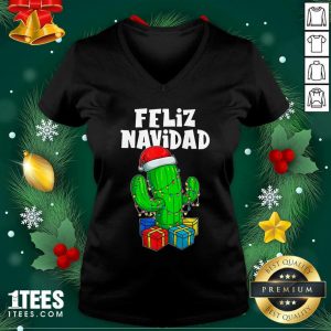 Funny Feliz Navidad Cactus Tree & Lights Spanish Pajama Christmas V-neck- Design By 1Tees.com