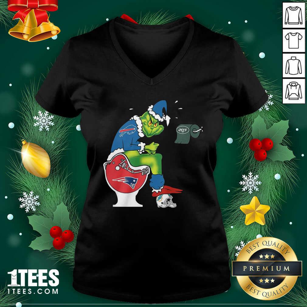 The Grinch New York Jets Shit On Toilet New England Patriots And Other Teams Christmas V-neck- Design By 1tees.com