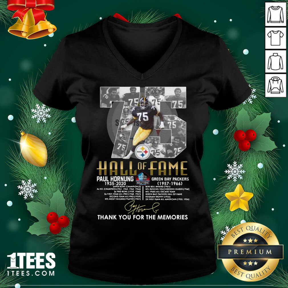 75 Paul Hornung 1935 2020 Hall Of Fame Thank You For The Memories Signature V-neck- Design By 1tees.com