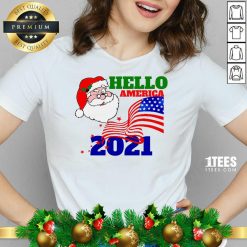 Hello America 2021 Santa Claus Merry Christmas Usa Flag V-neck- Design By 1Tees.comPremium Hello America 2021 Santa Claus Merry Christmas Usa Flag V-neck