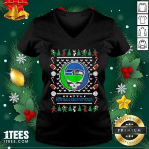 Seattle Seahawks Grateful Dead Ugly Christmas V-neck- Design By 1Tees.com