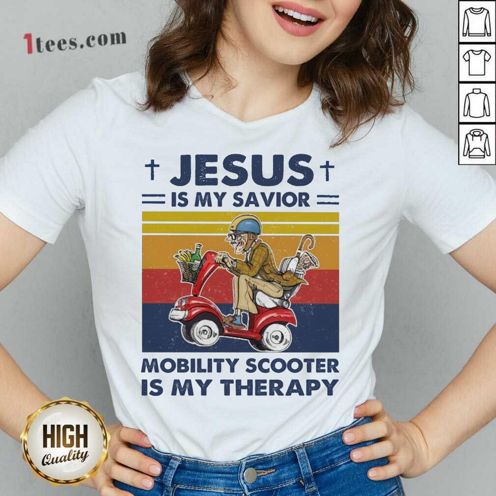 Jesus Is My Savior Mobility Scooter Is My Therapy Vintage V-neck- Design By 1tees.com