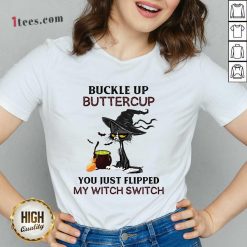 Buckle Up Buttercup Black Cat V-neck
