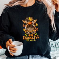Hippie Messy Bun One Thankful Mama Pumpkin Fall Mom Shirt