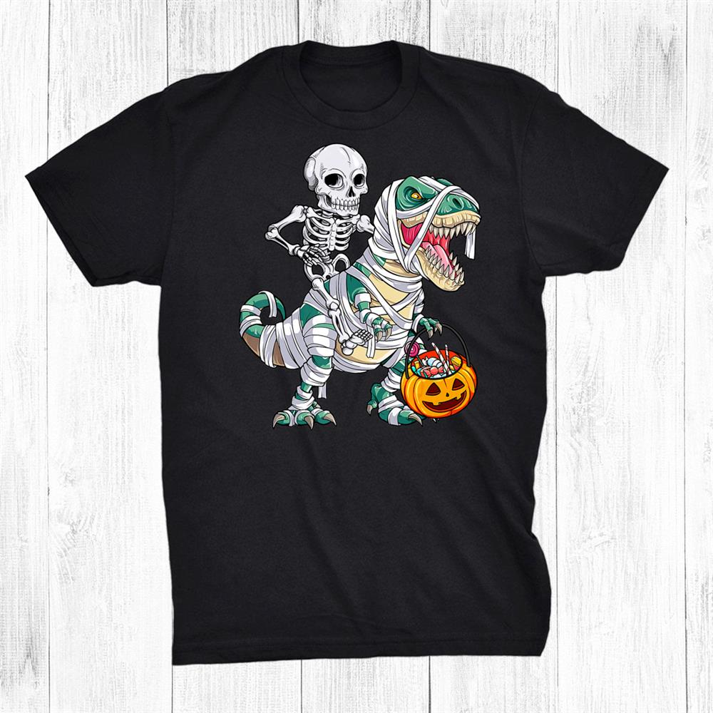Skeleton Riding Mummy Dinosaur T Rex Halloween Shirt