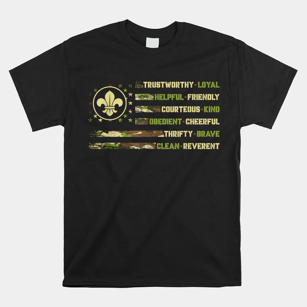 Scout Leader Scout Camping Camo US America Flag Shirt
