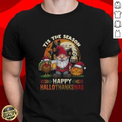 Happy Hallothanksmas Halloween Thanksgiving Merry Christmas 2024 shirt featuring festive graphics celebrating the holidays.