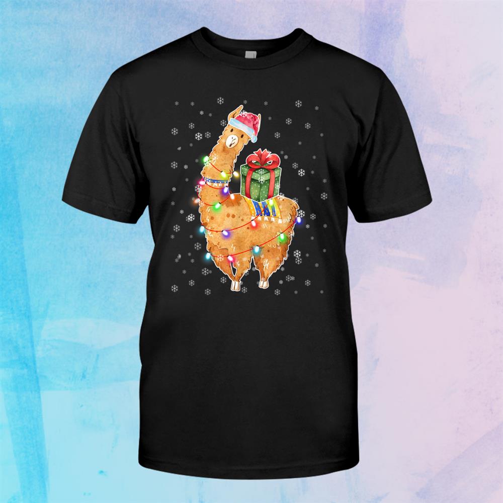 Funny Christmas Llama Santa Hat Lights Xmas Shirt