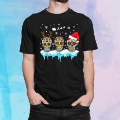 Skulls Christmas Funny Skulls Wear Santa Hat Reindeer Shirt