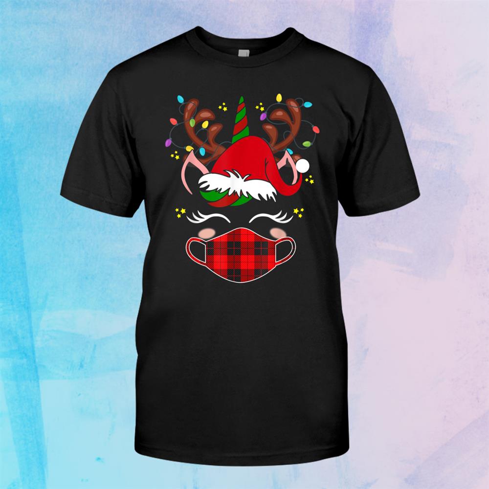 Tu Reindeer Unicorn Face Santa Christmas Red Plaid Shirt